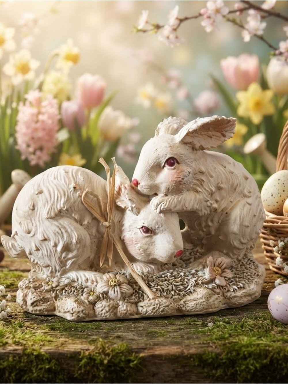 Cream Bunny Pair Figurine - Decorative Home Accent